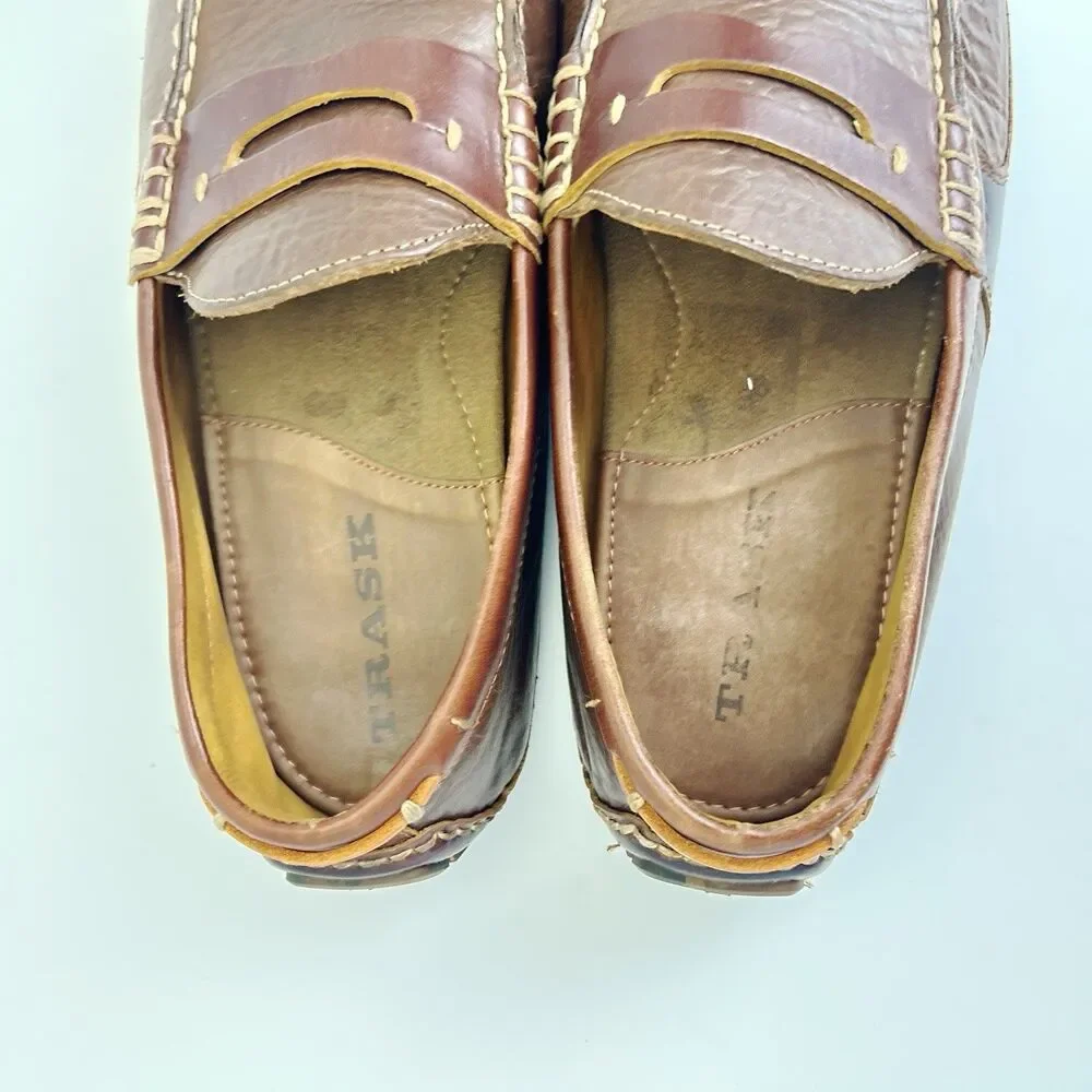 Trask Derek Brown Bison Leather Driving Shoes Penny Loafers Moccasins Mens 10.5